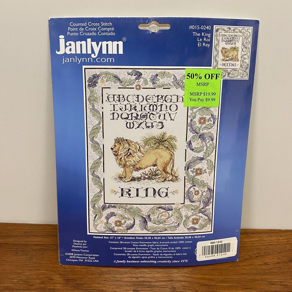 Counted Cross Stitch Kit THE KING 12" X 16"‎ Janlynn ABC Sampler Lion 015-0240